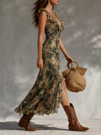 Green Botanical Print Chiffon Maxi Dress