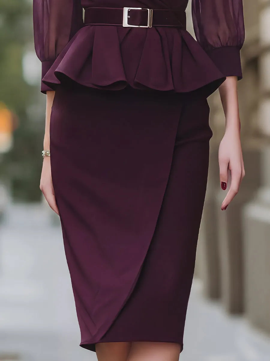 Belted Peplum Wrap Blouse & Asymmetric Pencil Skirt Set