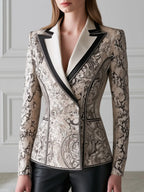 Ornate Snake Print Contrast-Lapel Tailored Blazer