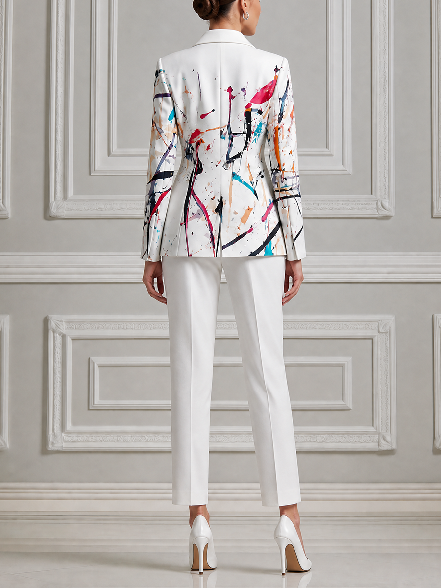 White Abstract Print Blazer & Slim Pants Set