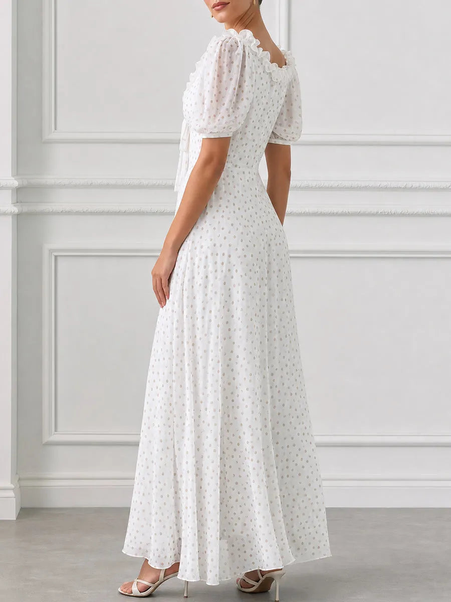 V-Neck Puff Sleeve Polka Dot Ruffle Maxi Dress