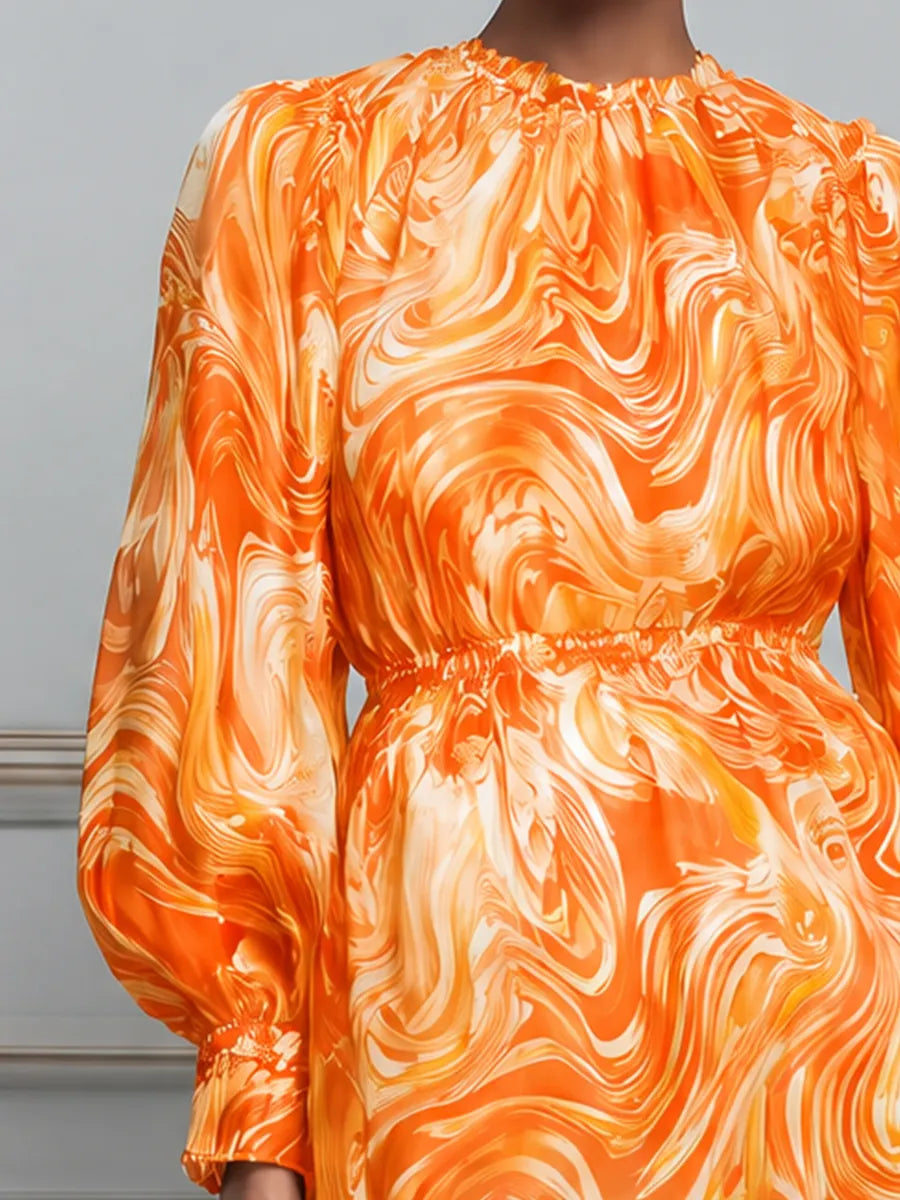 Orange Marble Print Chiffon Bishop Sleeve Blouse