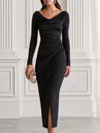 Cowl Neck Long Sleeve Ruched Front Slit Midi Dress