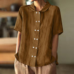 Women Loose Button Down Plain Cotton Linen Short Sleeve Blouse