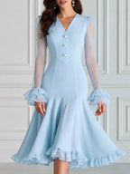 Romantic Sheer Mesh Flounce Sleeve Mermaid Midi Dress