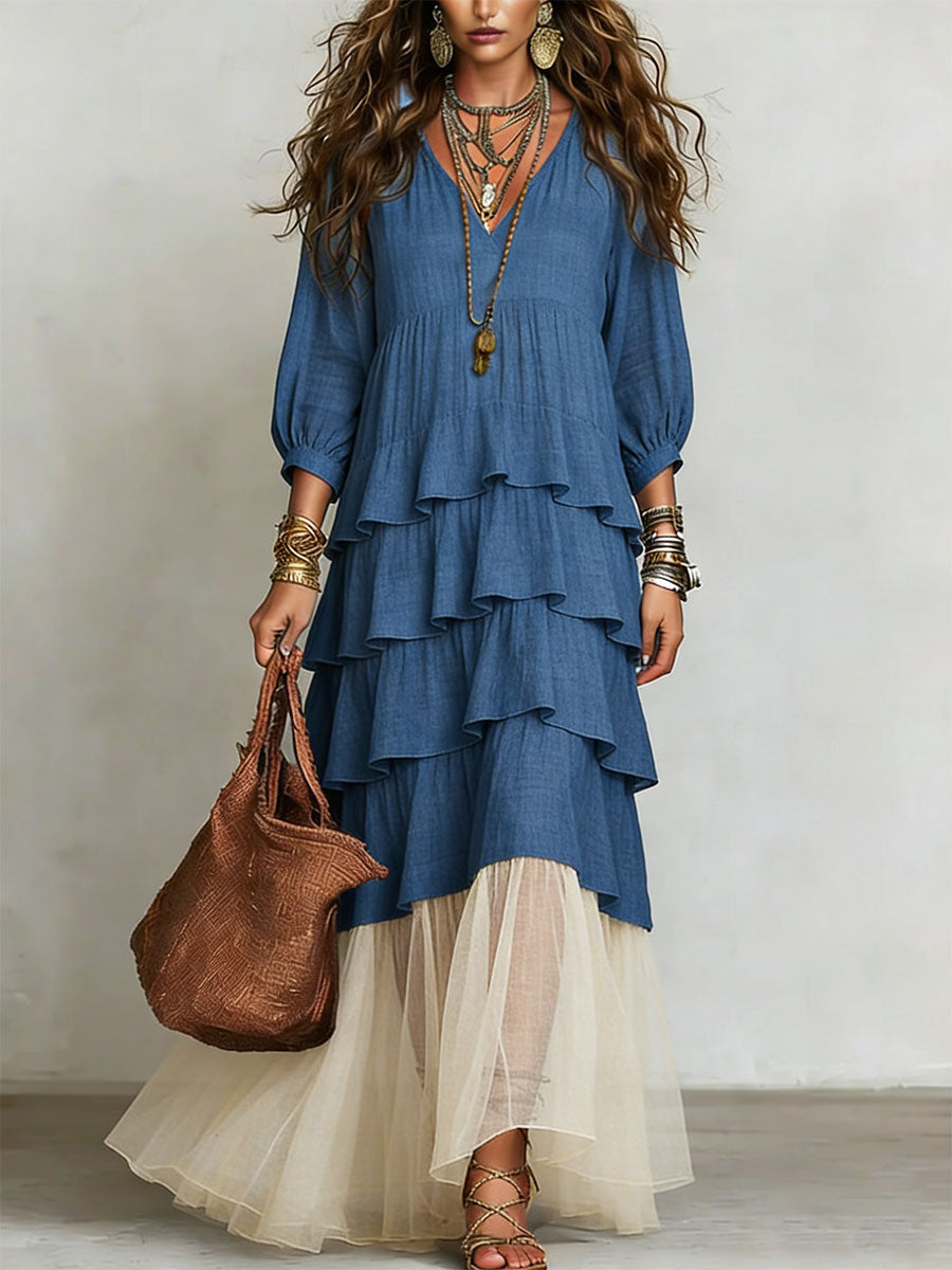 Women's Retro Organza Patchwork Art Casual Maxi Dress