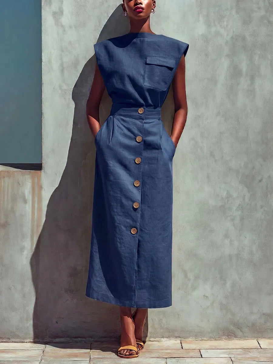 Women's Solid-color Stand-collar Sleeveless Loose-fit Cotton-linen Top & High-waisted Skirt Set