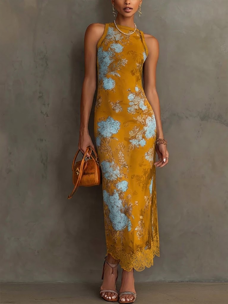 Elegant Slim-fit Dress With Lace Splicing And Floral Print