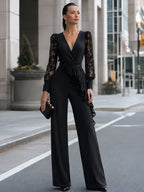 Lace-Sleeve Ruffle Wide-Leg Jumpsuit