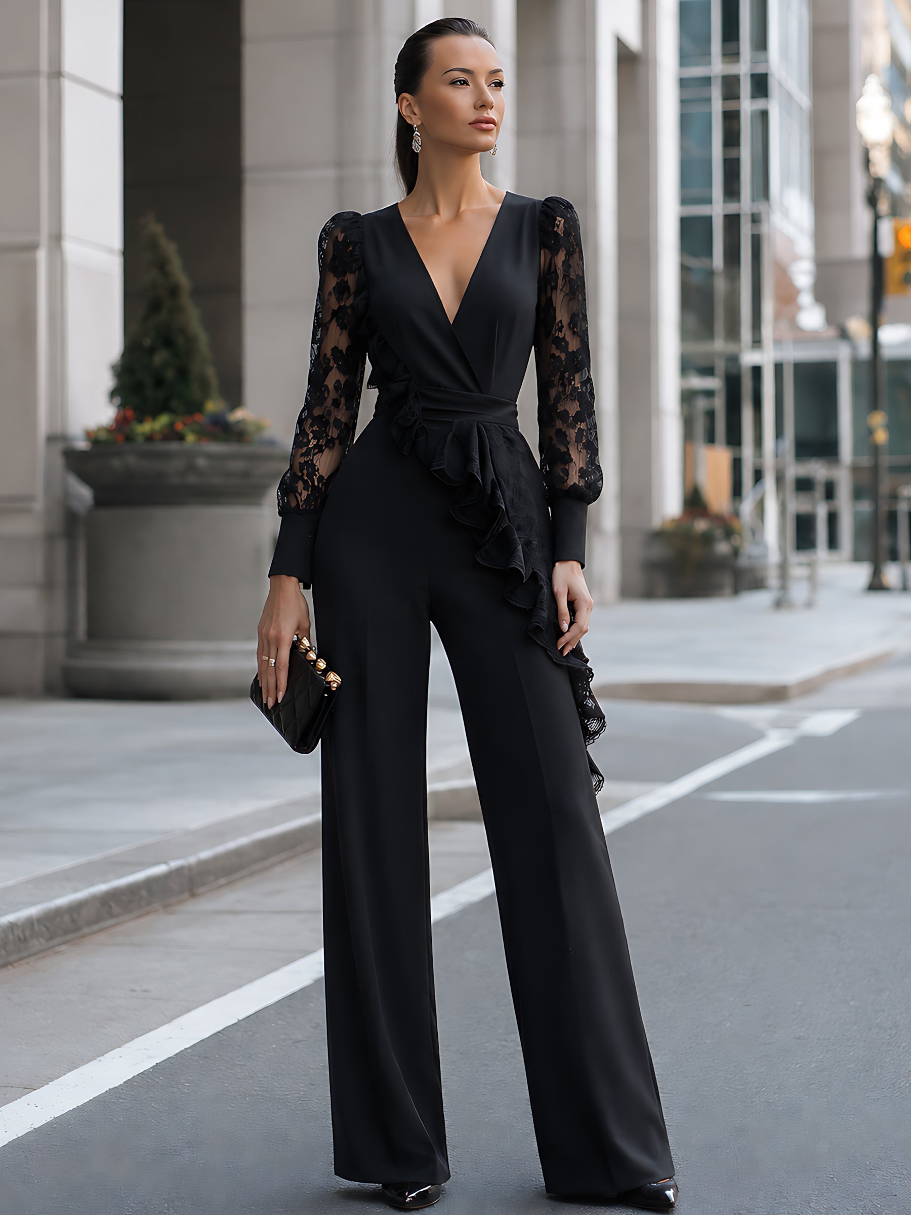 Lace-Sleeve Ruffle Wide-Leg Jumpsuit