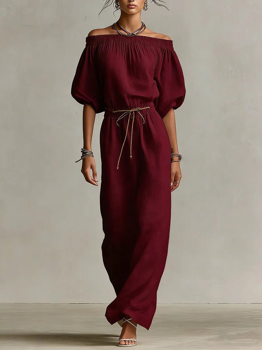 Women's Solid-color Off-the-shoulder 3/4-sleeve Casual Loose Cotton-linen Dress