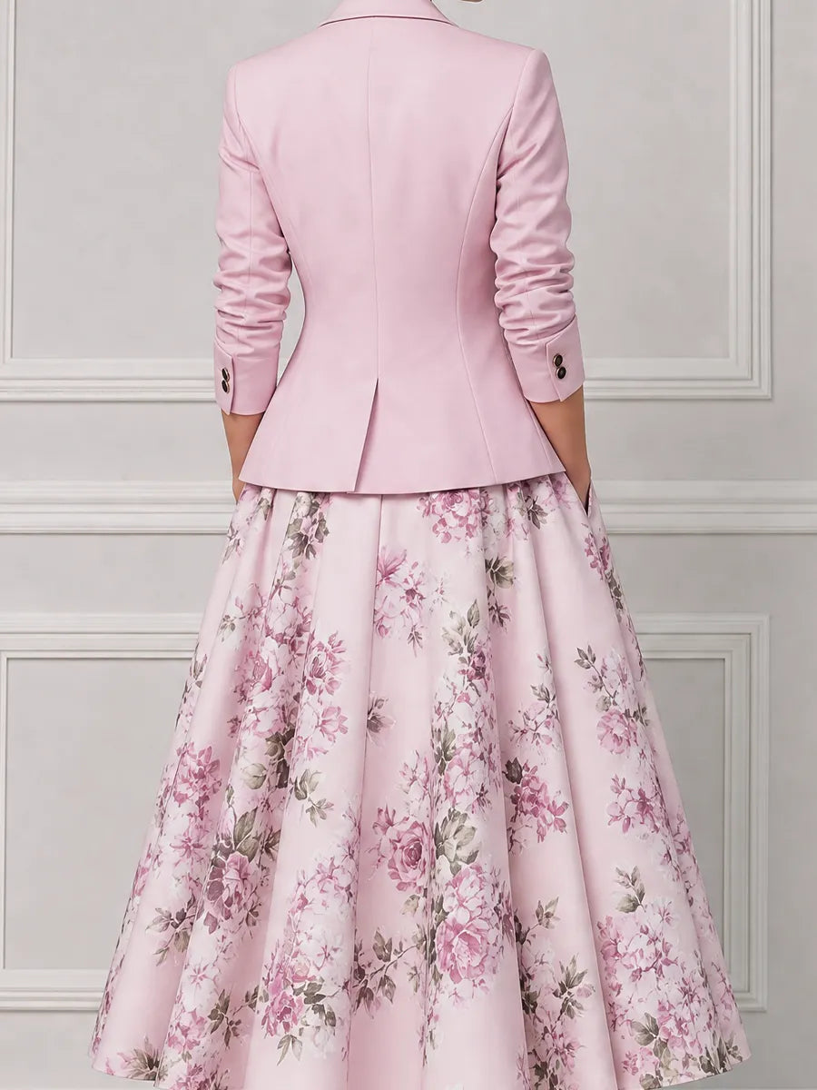 Blush Pink Tailored Blazer & Floral A-Line Midi Dress Set