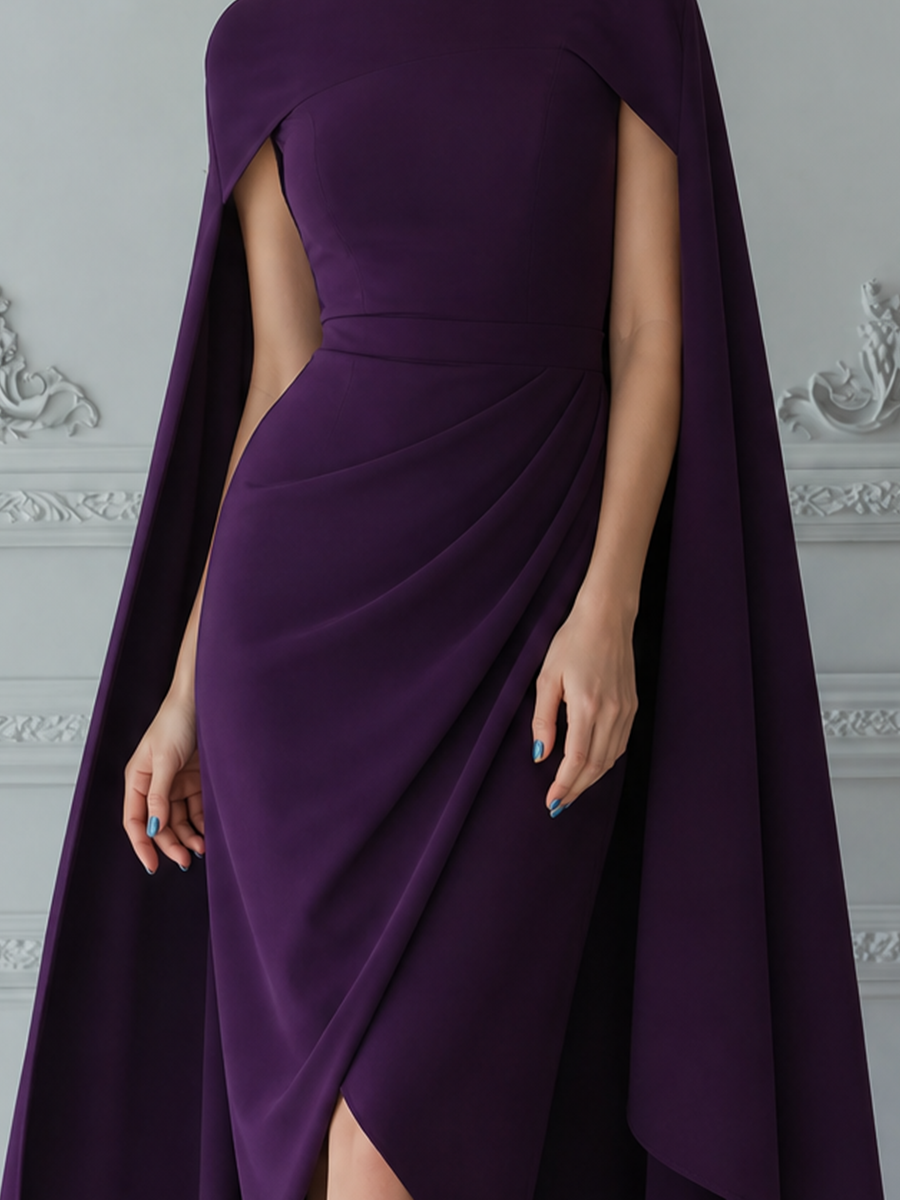 Purple Dress Fall Wedding Guest Dress Cape Sleeve Wrap Midi Dress
