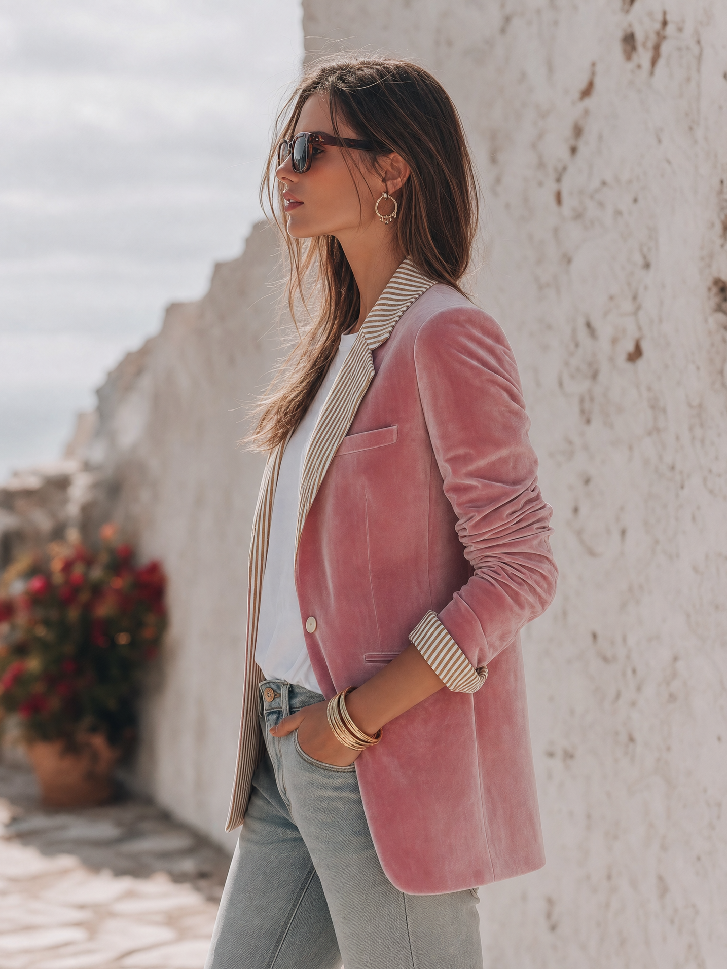 Elegant Relaxed Striped Lapel Velvet Blazer