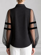 Pointed Collar Sheer Striped Mesh Balloon Sleeve Half-Placket Blouse
