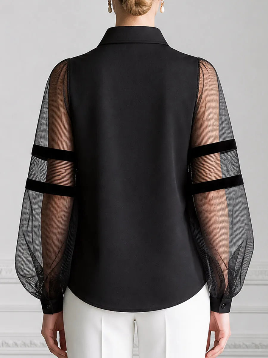 Pointed Collar Sheer Striped Mesh Balloon Sleeve Half-Placket Blouse