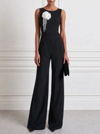 3D Rosette Pearl Tassel Sleeveless Bateau-Neck Wide-Leg Jumpsuit