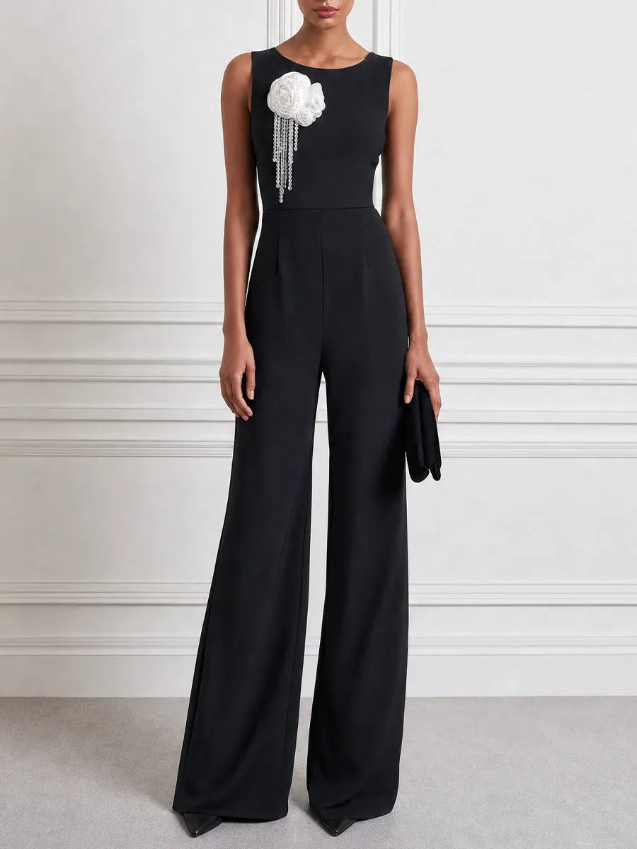 3D Rosette Pearl Tassel Sleeveless Bateau-Neck Wide-Leg Jumpsuit