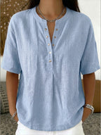 Casual Henley Collar Linen And Cotton Short-sleeve Shirt