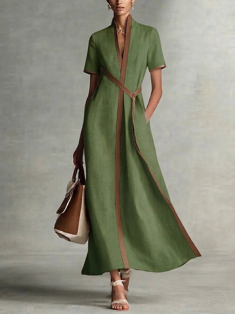 Women's V-neck Short-sleeve Casual Loose Cotton-linen Dress