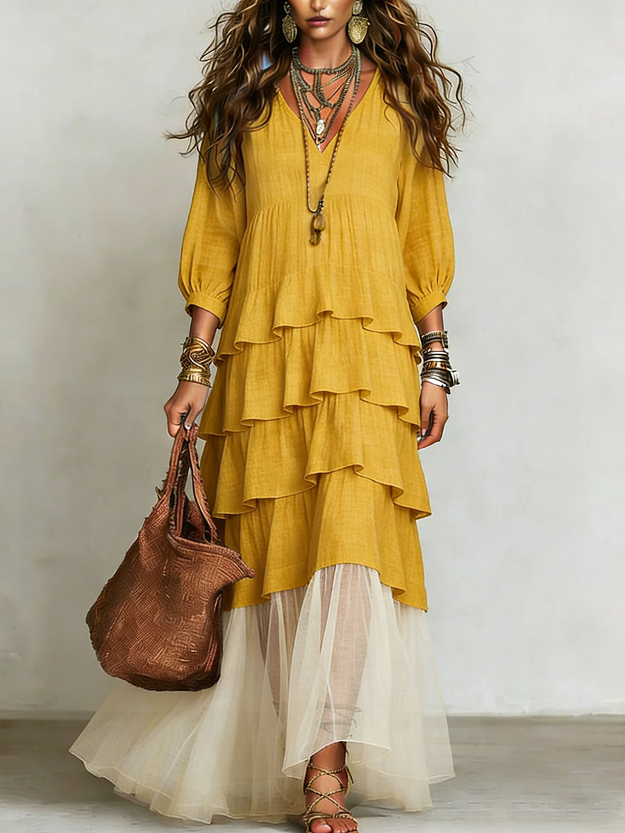 Women's Retro Organza Patchwork Art Casual Maxi Dress