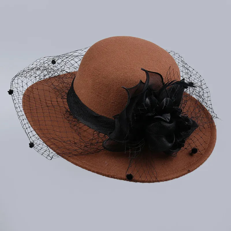 French Retro Mesh Floral Woolen Hatm