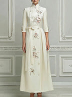 White A-Line Maxi Dress With Mandarin Collar