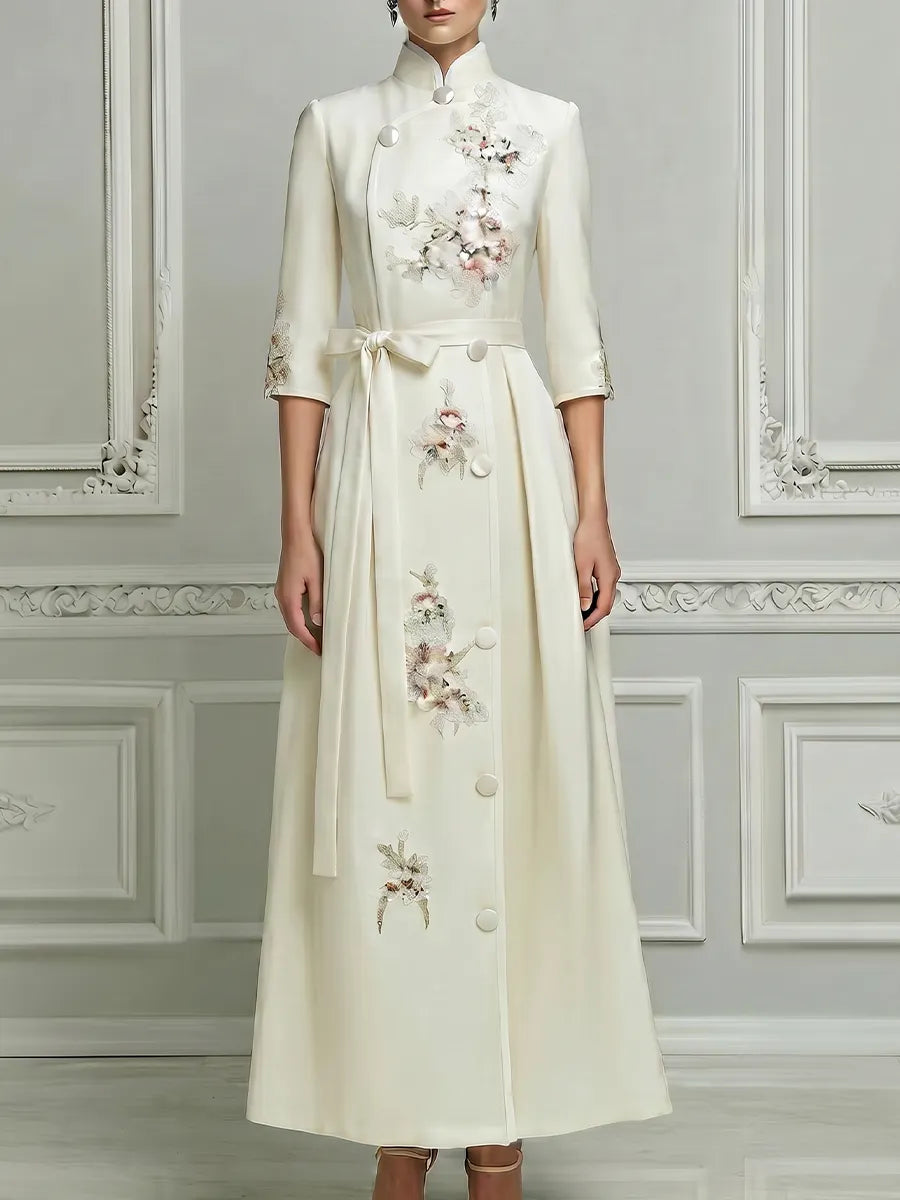 White A-Line Maxi Dress With Mandarin Collar