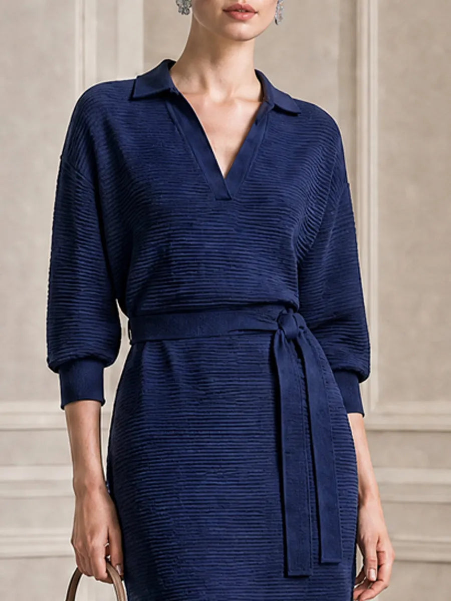 Ribbed Knit Self Tie Waist Belt Puff Sleeve Polo Collar Dress