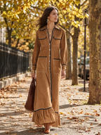 Refined Camel Contrast-Trim Utility Shirt Maxi Dress