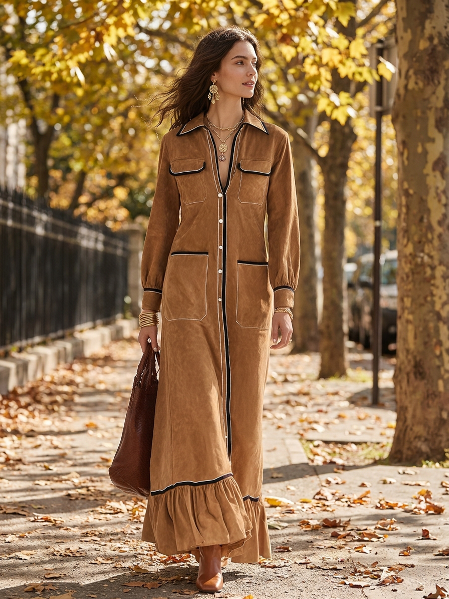 Refined Camel Contrast-Trim Utility Shirt Maxi Dress