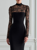 High-Neck Lace Panel Mermaid Maxi Dress