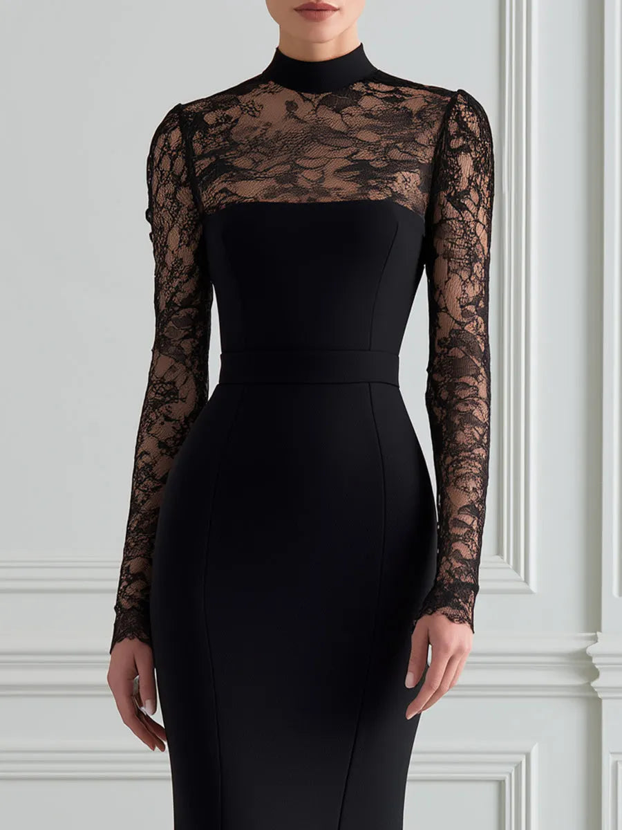 High-Neck Lace Panel Mermaid Maxi Dress
