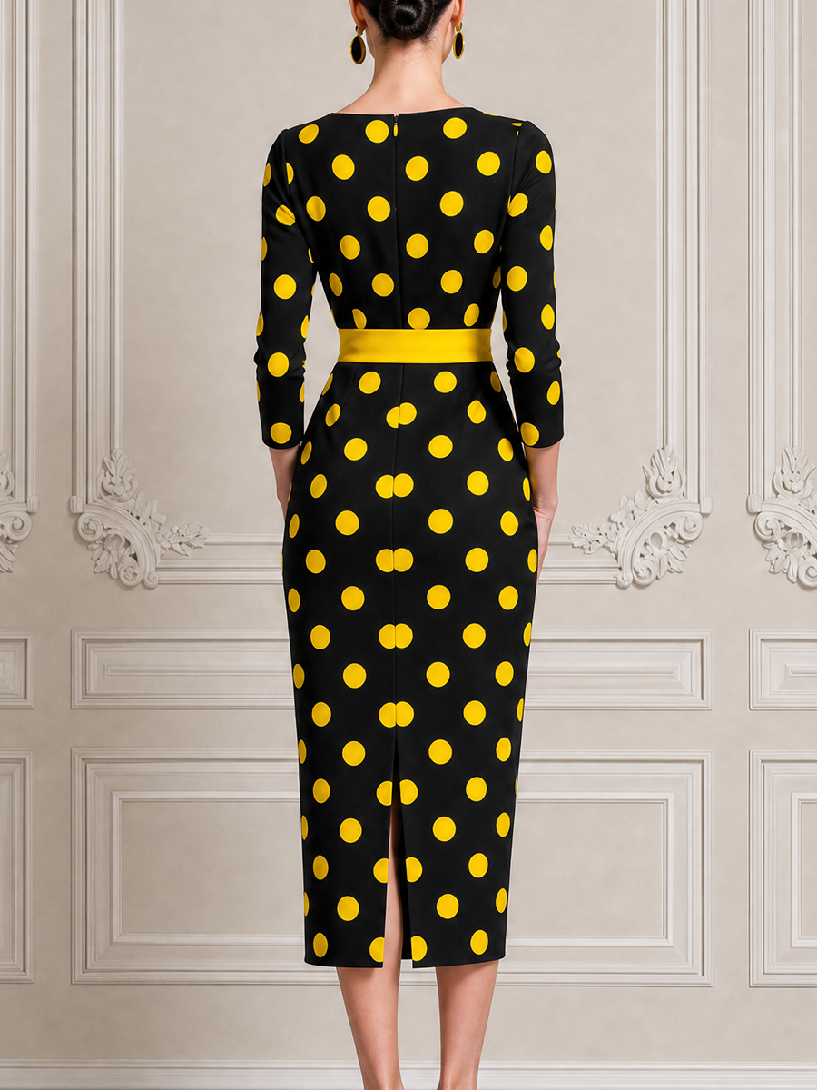Black Polka Dot Dress Stockholm Style Belted Pencil Midi Dress