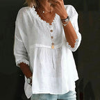 Women's Vintage Casual Lace Cotton And Linen V-neck T-shirt