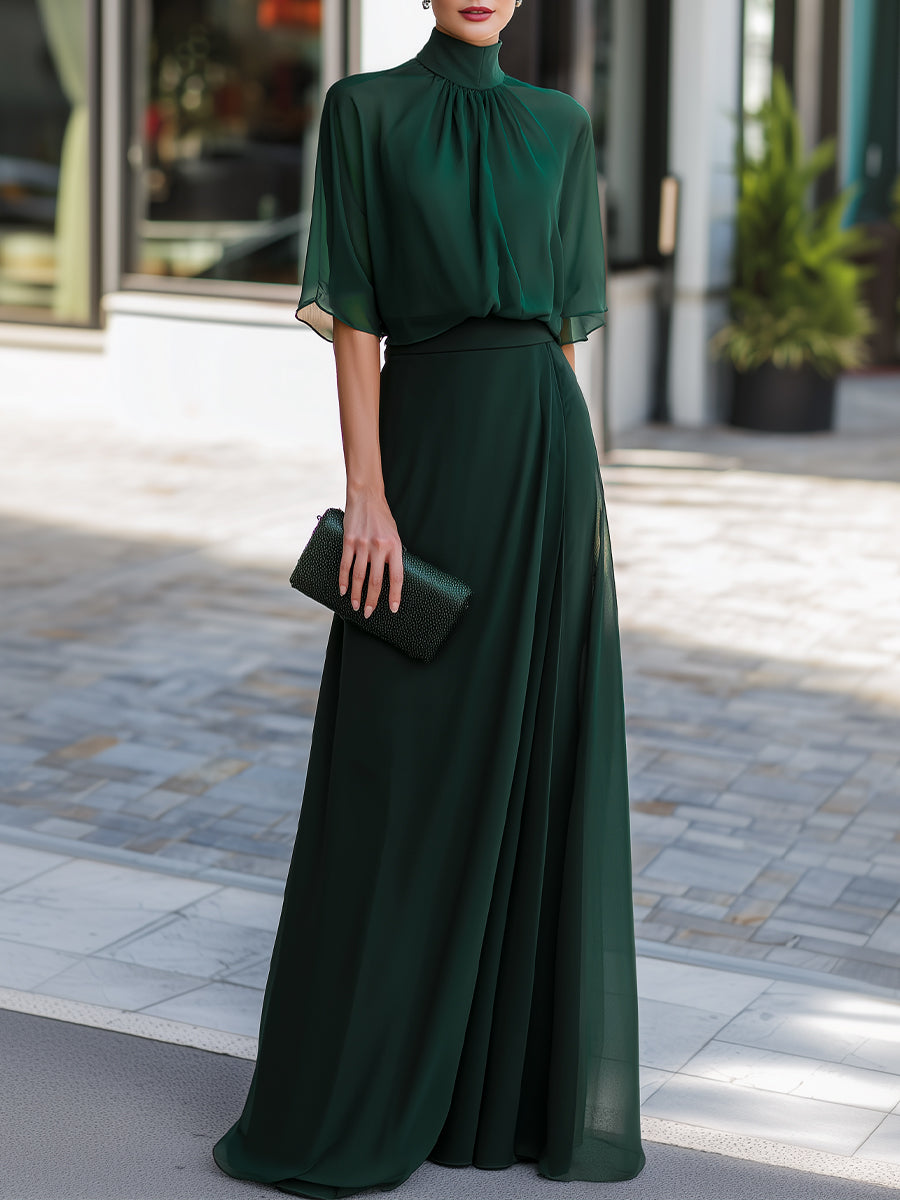 Gathered Neck Chiffon Blouse And Pleated Maxi Skirt Set