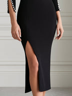 Pearl Trim High Neck Split Bodycon Midi Dress