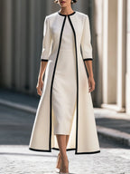 Contrast Trim Coat And Midi Dress Set