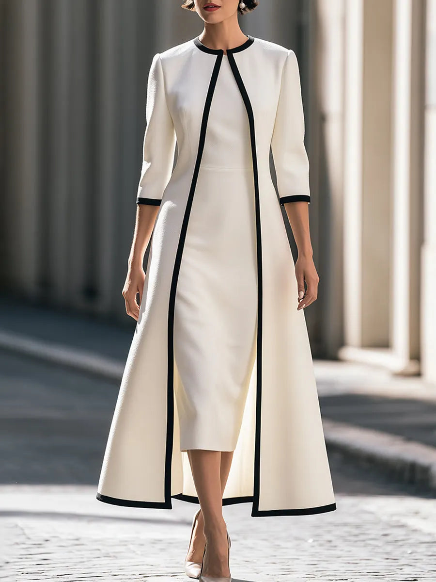 Contrast Trim Coat And Midi Dress Set