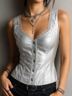 Stylish Black Leather Corset Waistcoat With Lace-Trim
