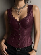 Stylish Black Leather Corset Waistcoat With Lace-Trim