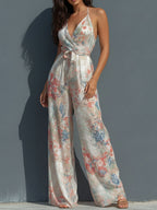 Boho Resort Floral Satin Halter Wrap Front Wide-Leg Jumpsuit