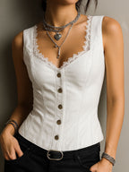 Stylish Black Leather Corset Waistcoat With Lace-Trim