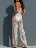 Boho Resort Floral Satin Halter Wrap Front Wide-Leg Jumpsuit