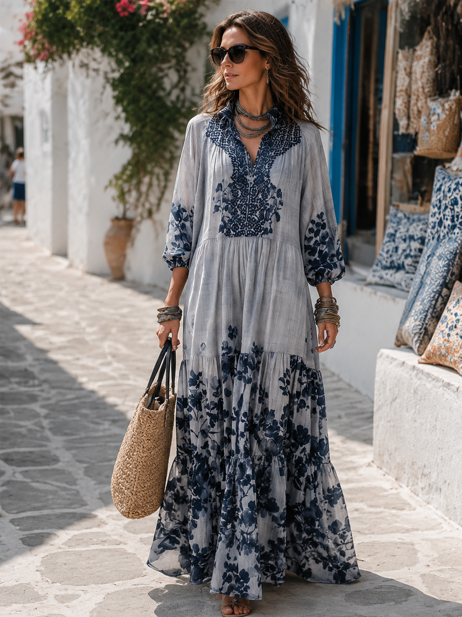 Coastal Blue Floral Tiered Maxi Dress