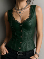 Stylish Black Leather Corset Waistcoat With Lace-Trim