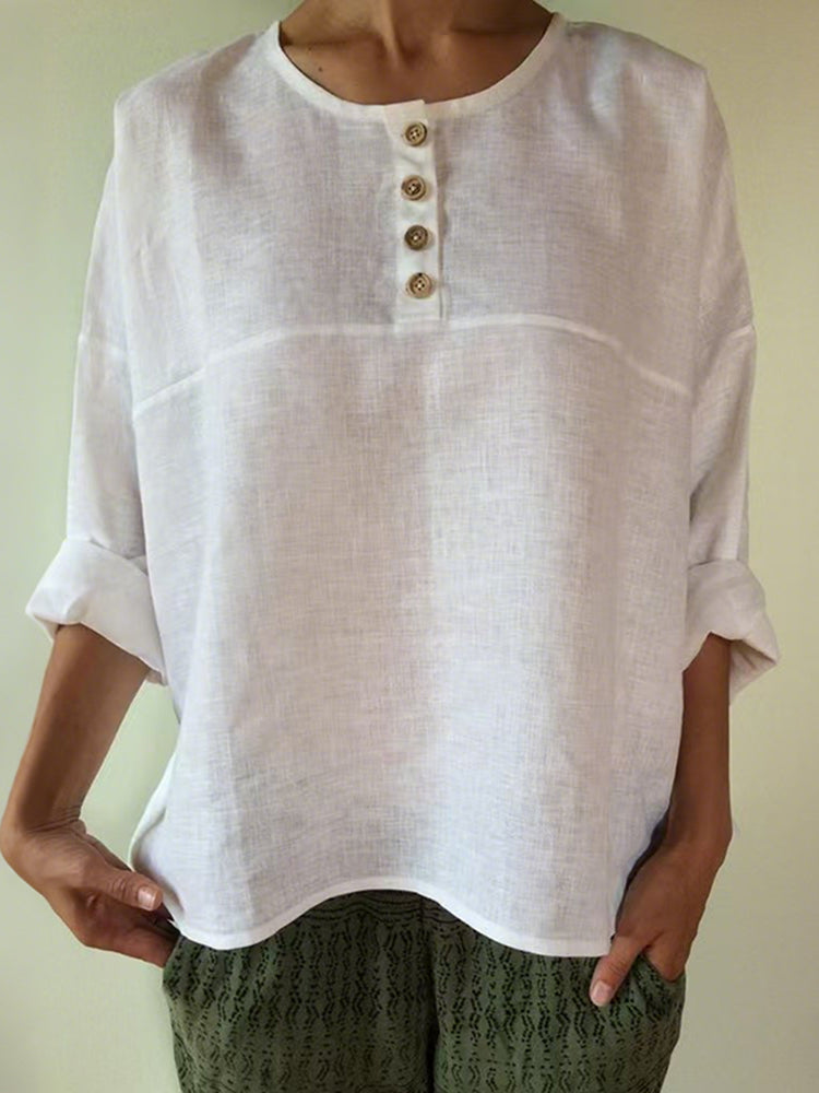 Solid Color Patchwork Long-sleeved Cotton And Linen Button Shirt