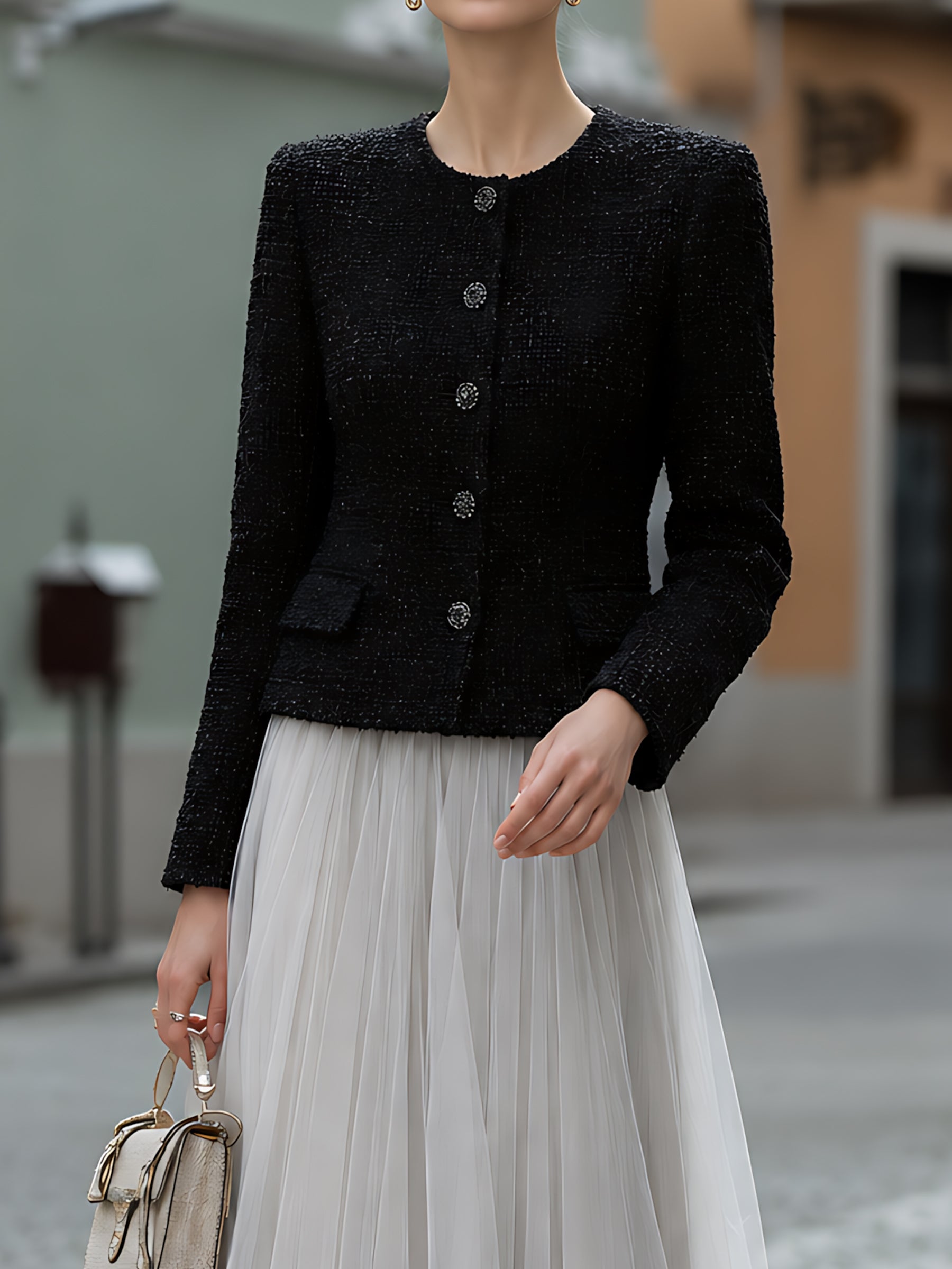 Tweed Jacket And Tulle Midi Skirt Set