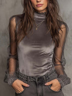 Velvet Mesh Panel High-Neck Top ¨C Graphite Grey