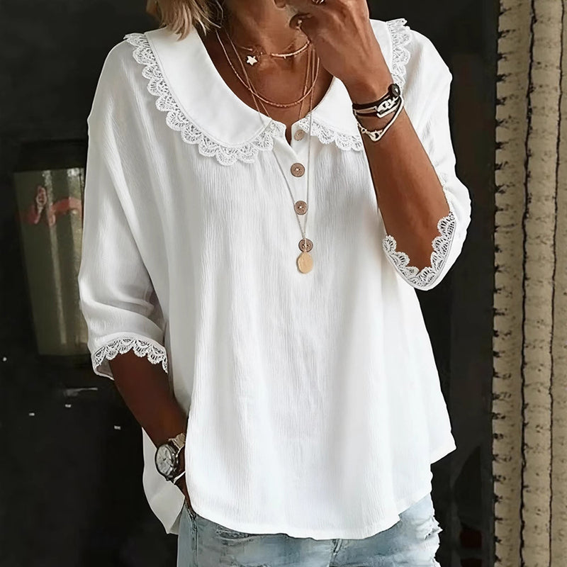 Women's  Retro Collared Lace-trimmed Solid Color Button-up Shirt